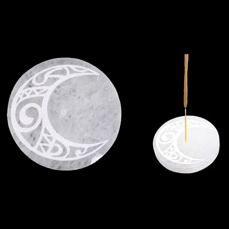 Selenite Incense Burner - Waning Crescent Moon Round